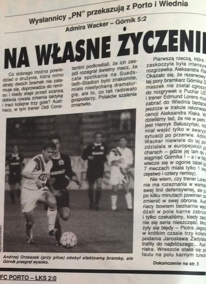 Piłka Nożna po Admira Wacker Wiedeń - Górnik Zabrze 5:2 (13.09.1994) 1
