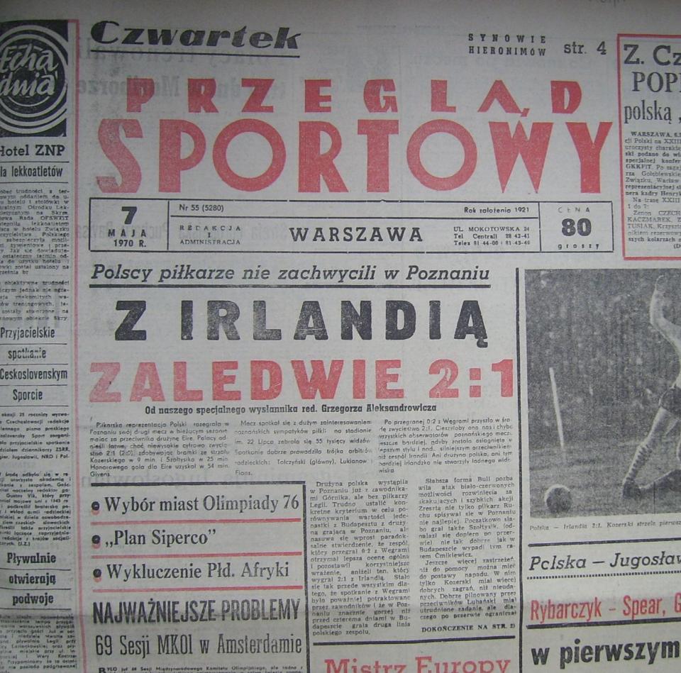 Przegląd Sportowy po Polska - Irlandia 2:1 (06.05.1970) 1