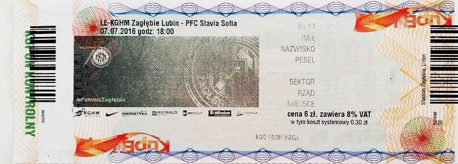 Zagłębie Lubin - Sławia Sofia 3:0 (07.07.2016) Bilet