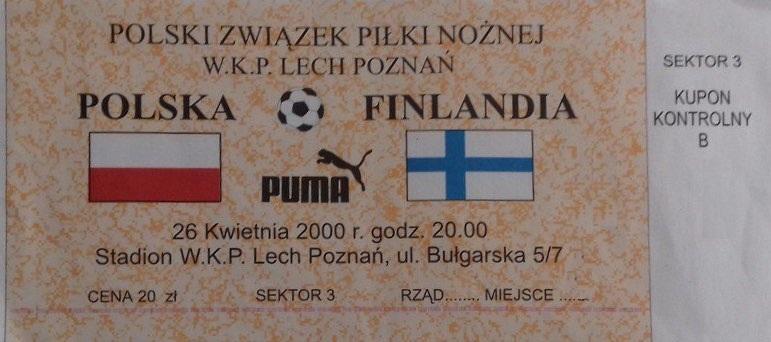 Bilet z meczu Polska - Finlandia 0:0 (26.04.2000).