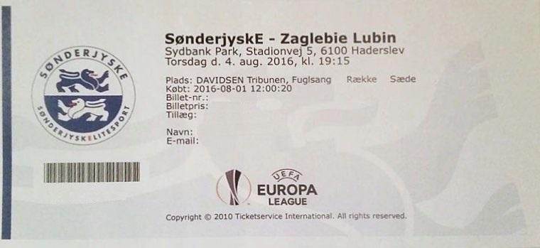 Bilet z meczu SønderjyskE - Zagłębie Lubin 1:1 (04.08.2016).