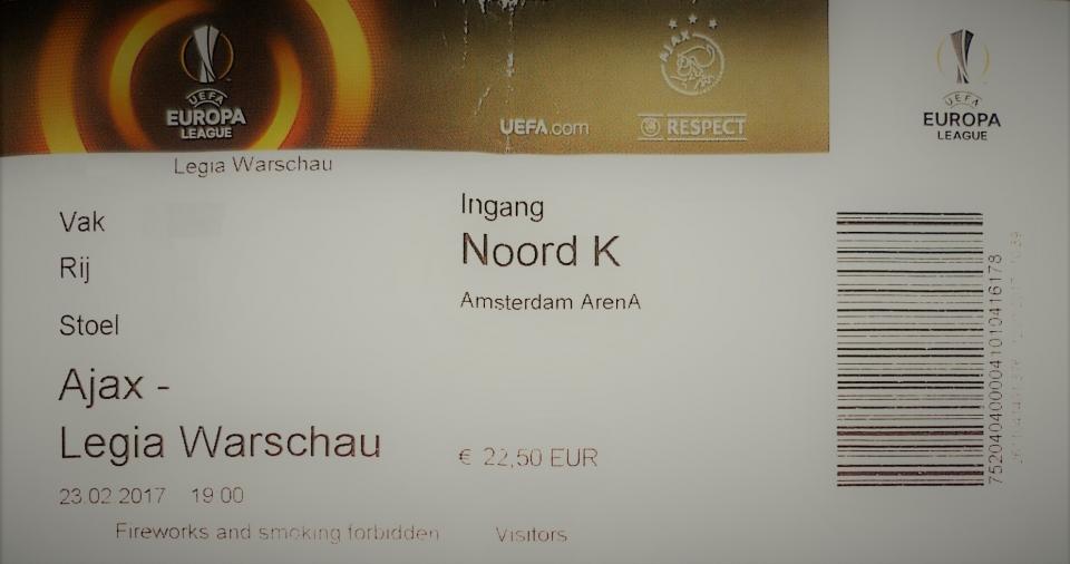 Bilet z meczu Ajax Amsterdam - Legia Warszawa 1:0 (23.02.2017).