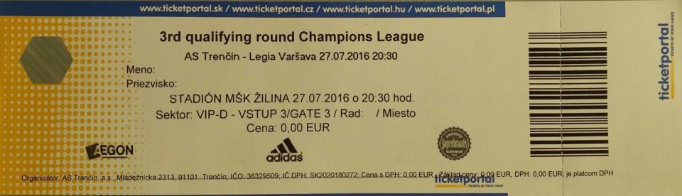Bilet z mecz AS Trenčín - Legia Warszawa 0:1 (27.07.2016).