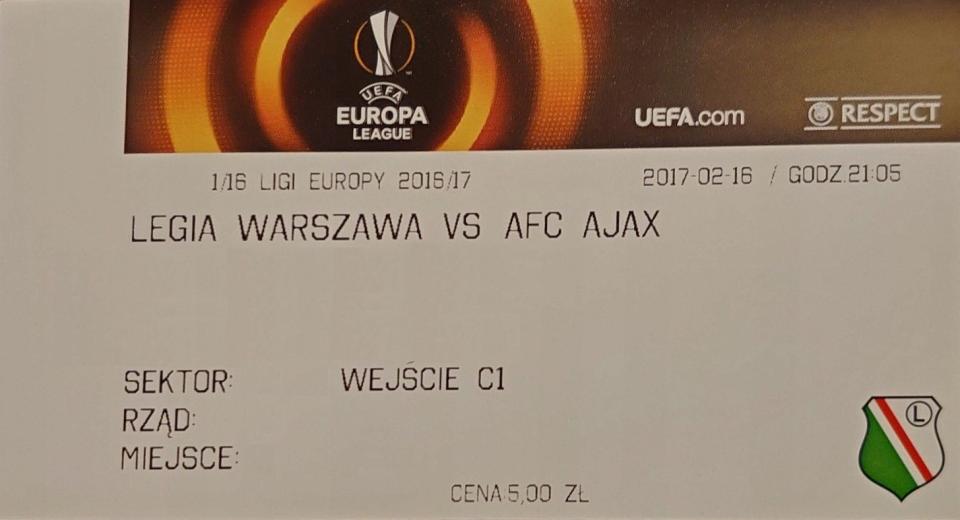 Bilet z meczu Legia Warszawa - Ajax Amsterdam 0:0 (16.02.2017).
