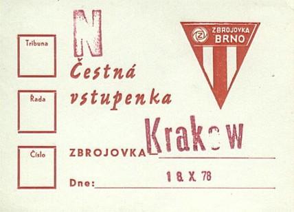 Bilet z meczu Zbrojovka Brno - Wisła Kraków 2:2 (18.10.1978)
