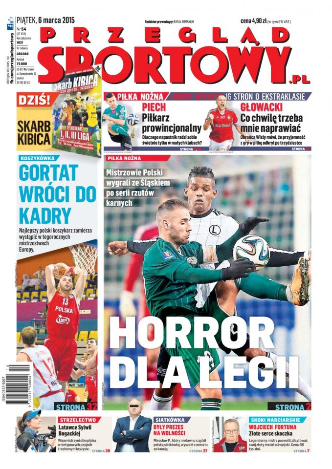 Okładka Przegląd Sportowy po meczu Legia Warszawa - Śląsk Wrocław 1:1, k. 3-1 (05.03.2015).