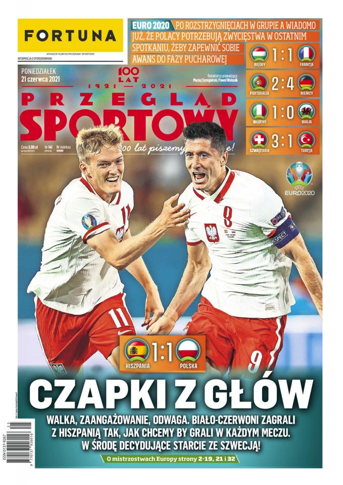 Okładka Przegląd Sportowy o meczu Hiszpania - Polska 1:1 (19.06.2021).