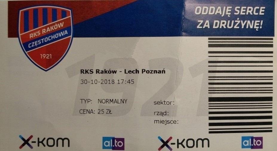 Raków Częstochowa - Lech Poznań 1:0 (30.10.2018) Bilet