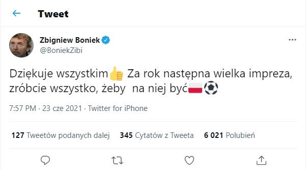 Twitt Zbigniewa Bońka po meczu Szwecja - Polska 3:2 (23.06.2021)