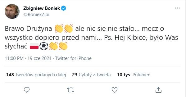 Twitt Zbigniewa Bońka po meczu Hiszpania - Polska 1:1 (19.06.2021).