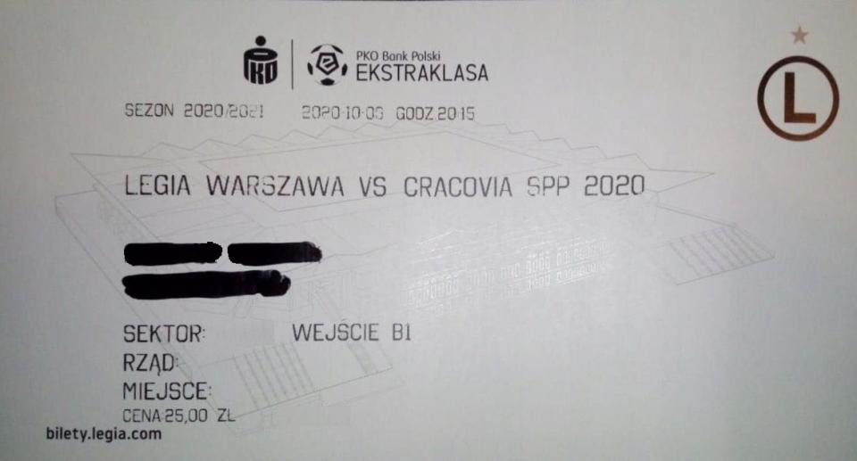 Bilet z meczu Legia Warszawa - Cracovia 0:0, k. 4-5 (09.10.2020).