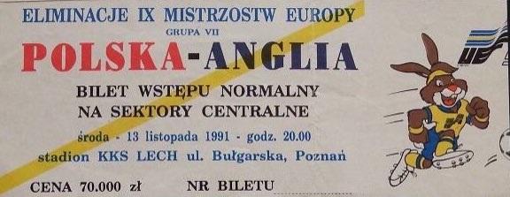 Bilet z meczu Polska - Anglia 1:1 (13.11.1991).