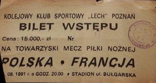 Bilet z meczu Polska - Francja 1:5 (14.08.1991)