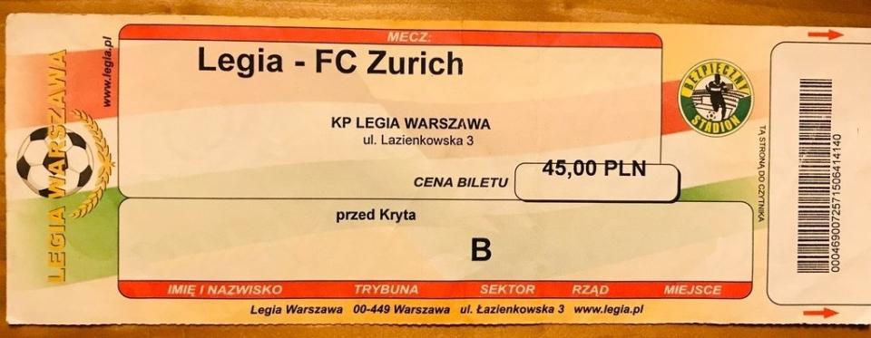 Bilet z meczu Legia Warszawa - FC Zürich 0:1 (11.08.2005)
