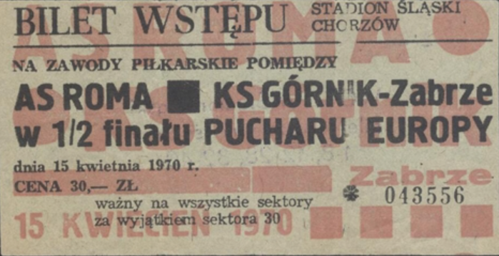 bilet meczowy górnik zabrze - as roma (15.04.1970)