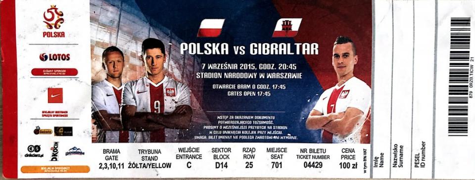Bilet z meczu Polska - Gibraltar 8:1 (07.09.2015).