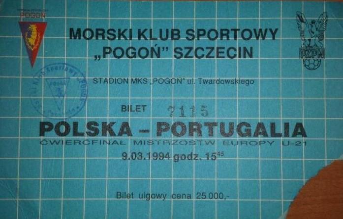 Bilet z meczu Polska - Portugalia 1:3 U21 (09.03.1994).