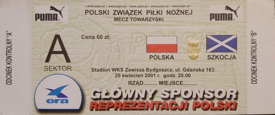 Bilet z meczu Polska - Szkocja 1:1 (25.04.2001).