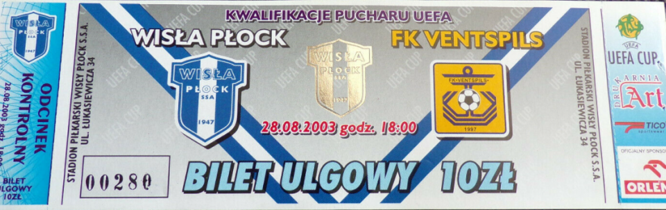bilet z meczu wisła płock - venstpils (28.08.2003)