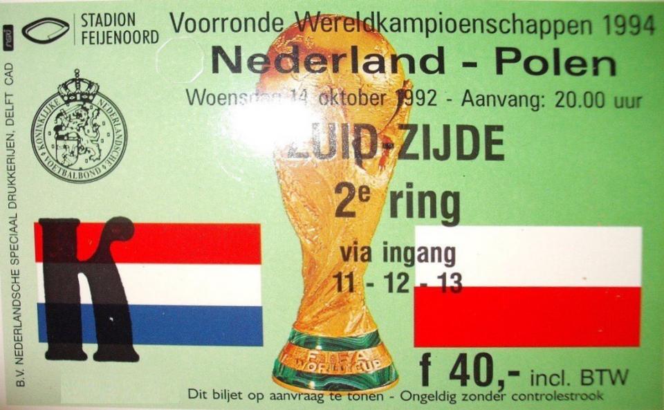 Bilet z meczu Holandia - Polska 2:2 (14.10.1992)