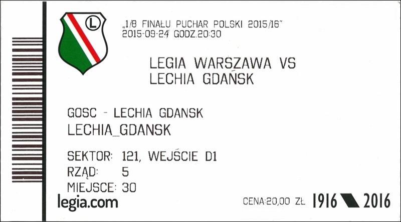 Bilet z meczu Legia Warszawa - Lechia Gdańsk 4:1 (24.09.2015).