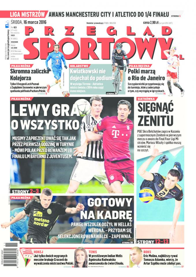 Okładka Przegląd Sportowy po meczu Lech Poznań - Zagłębie Sosnowiec 1:0 (15.03.2016).