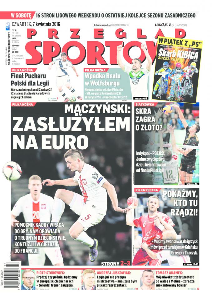 Okładka Przegląd Sportowy po meczu Zawisza Bydgoszcz - Legia Warszawa 1:2 (06.04.2016).