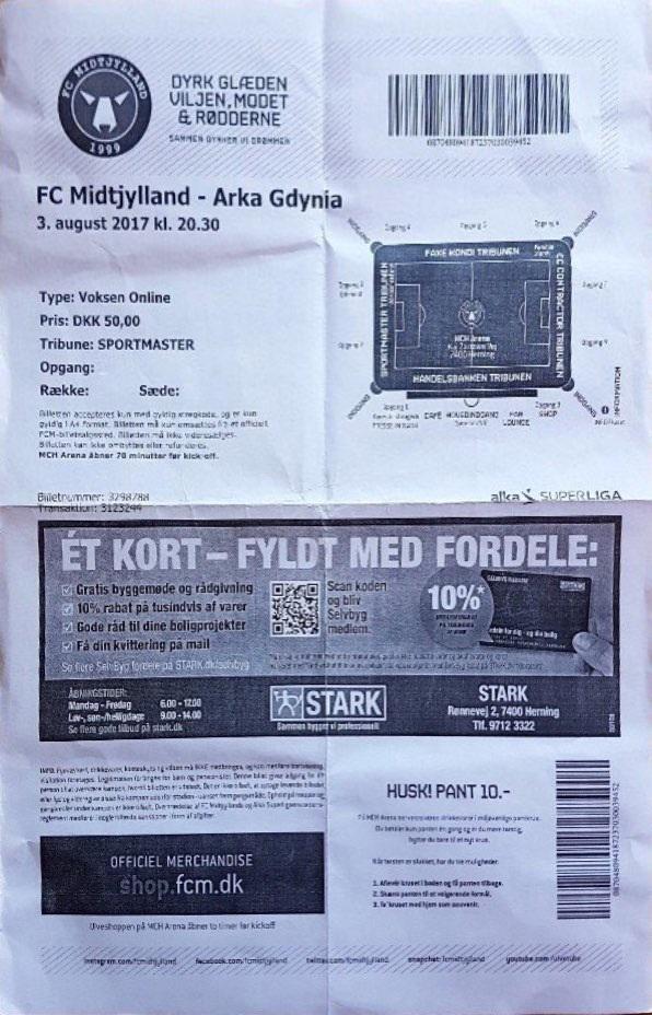 Bilet z meczu FC Midtjylland - Arka Gdynia 2:1 (03.08.2017).