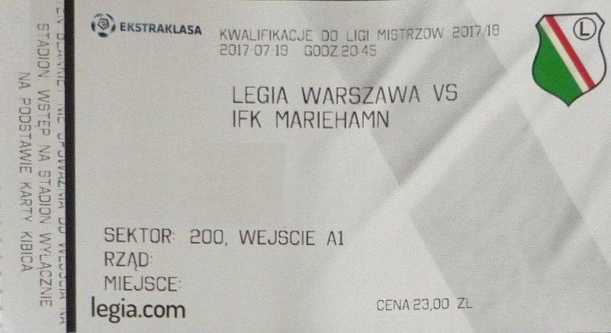Bilet z meczu Legia Warszawa - IFK Mariehamn 6:0 (19.07.2017).