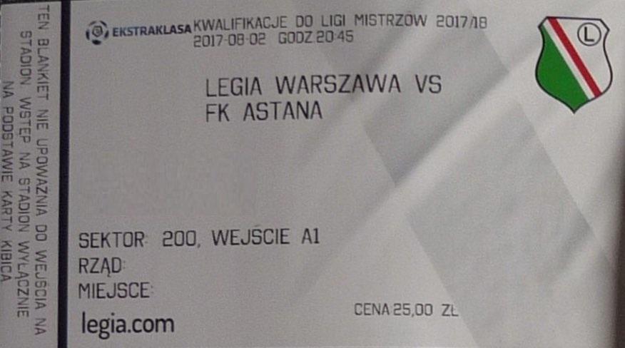 Bilet z meczu Legia Warszawa - FK Astana 1:0 (02.08.2017).