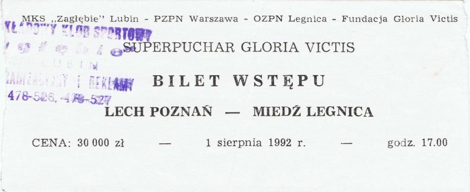 Bilet Lech Poznań - Miedź Legnica 4:2 (01.08.1992)