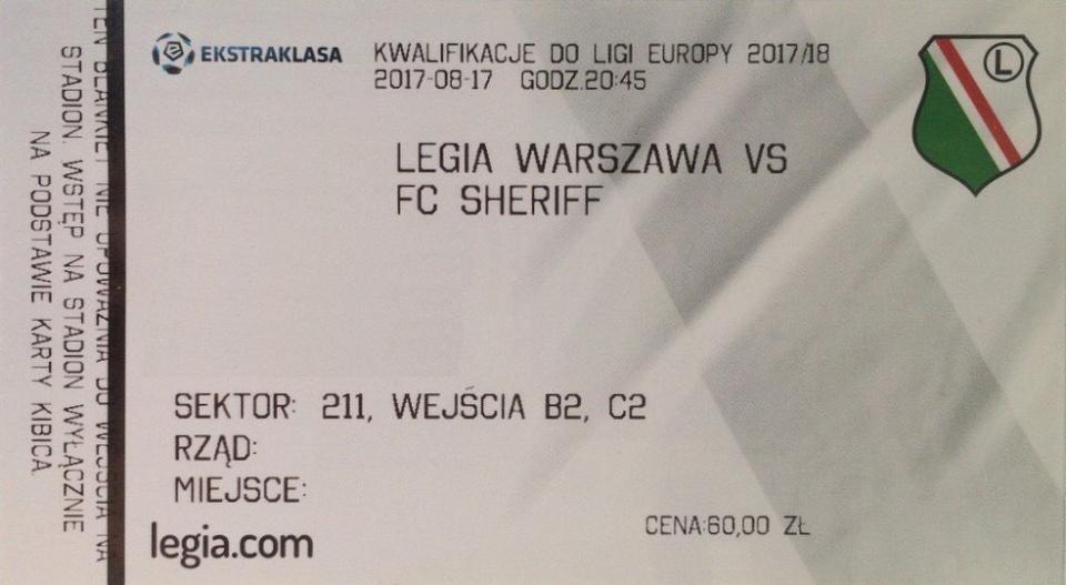 Bilet z meczu Legia Warszawa - Sheriff Tyraspol 1:1 (17.08.2017).