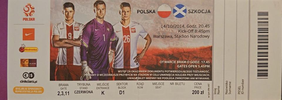 Bilet z meczu Polska - Szkocja 2:2 (14.10.2014)