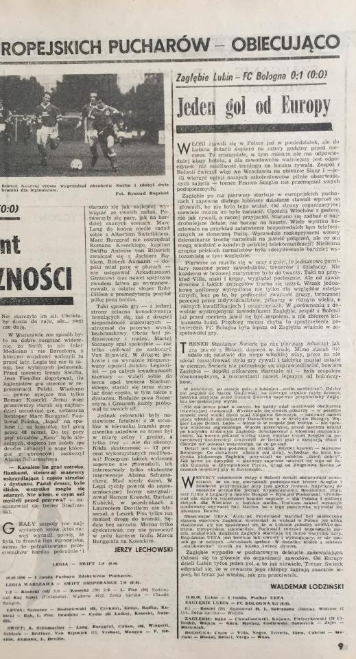 Piłka Nożna po Zagłębie Lubin - Bologna FC 0:1 (19.09.1990)