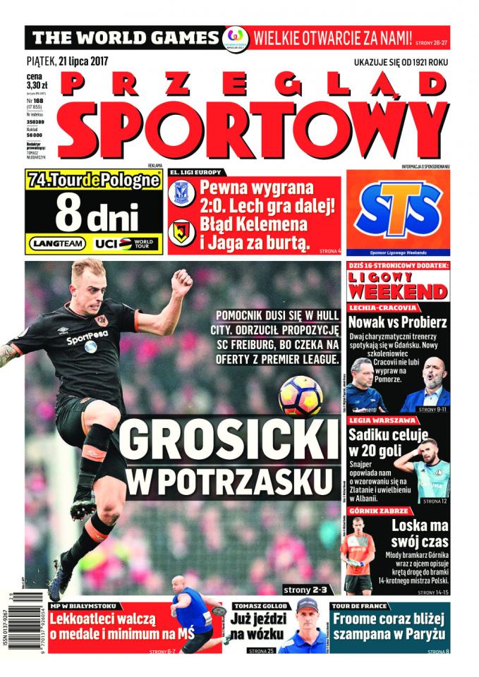 Okładka Przegląd Sportowy po meczach Jagiellonia Białystok - Qəbələ FK 0:2 i Lech Poznań - FK Haugesund 2:0 (20.07.2017).