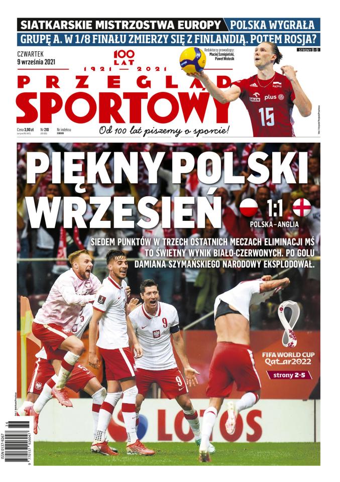 Okładka Przegląd Sportowy po meczu Polska - Anglia 1:1 (08.09.2021).