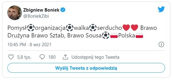 Twitt Zbigniewa Bońka po meczu Polska - Anglia 1:1 (08.09.2021).