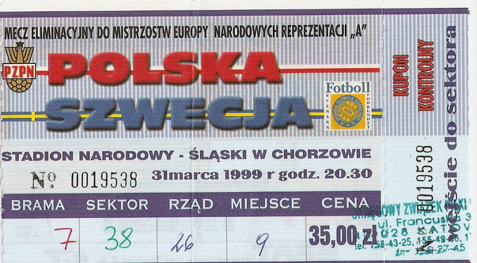 bilet meczowy polska - szwecja (31.03.1999)