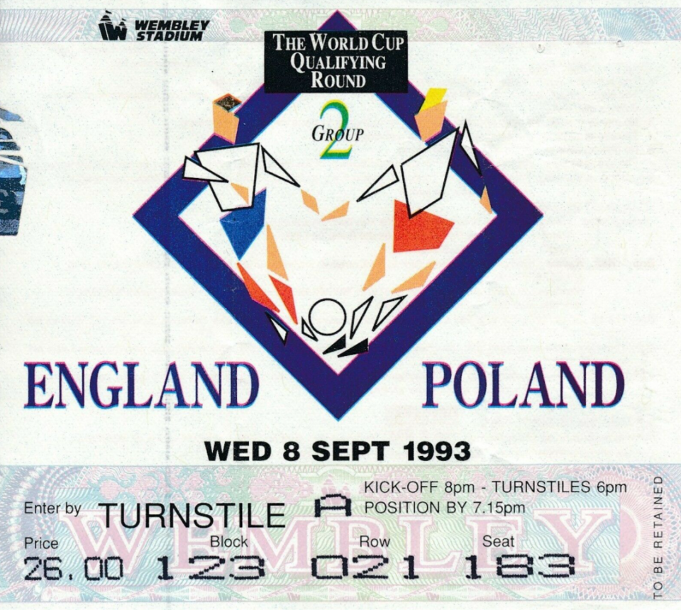 bilet na mecz anglia - polska (08.09.1993)