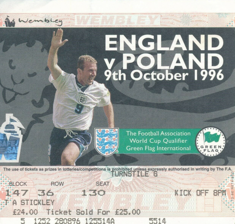 bilet na mecz anglia - polska (09.10.1996)