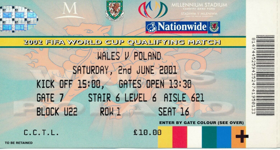 bilet na mecz walia - polska (02.06.2001)