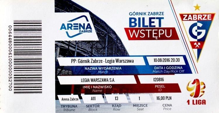 Bilet Górnik Zabrze - Legia Warszawa 3:2 (pd.), 10.08.2016