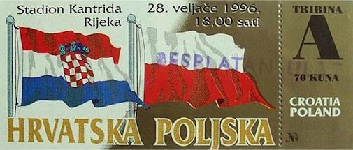 Bilet z meczu Chorwacja - Polska 2:1 (28.02.1996)