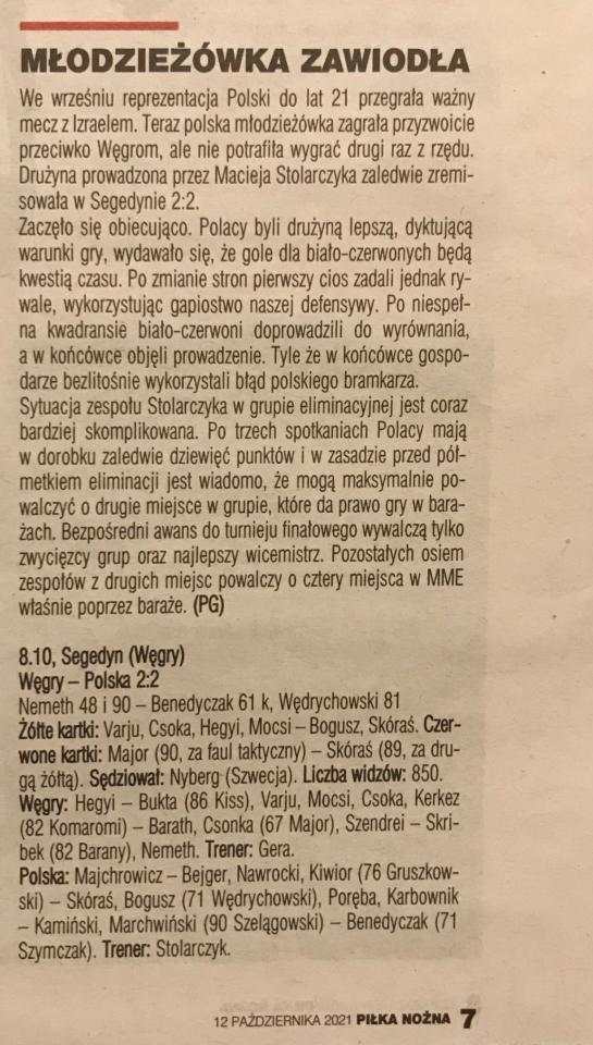 Piłka Nożna po meczu U21 Węgry - Polska 2:2 (08.10.2021).