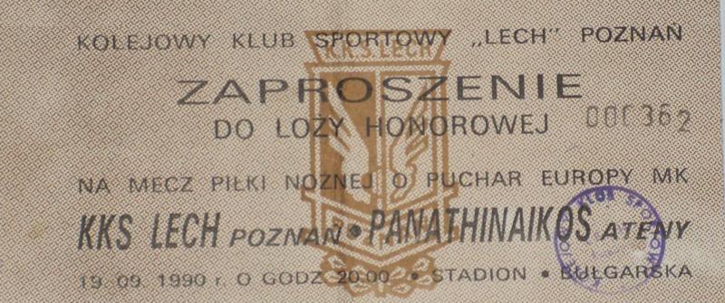 Bilet Lech Poznań - Panathinaikos Ateny 3:0 (19.09.1990) 2