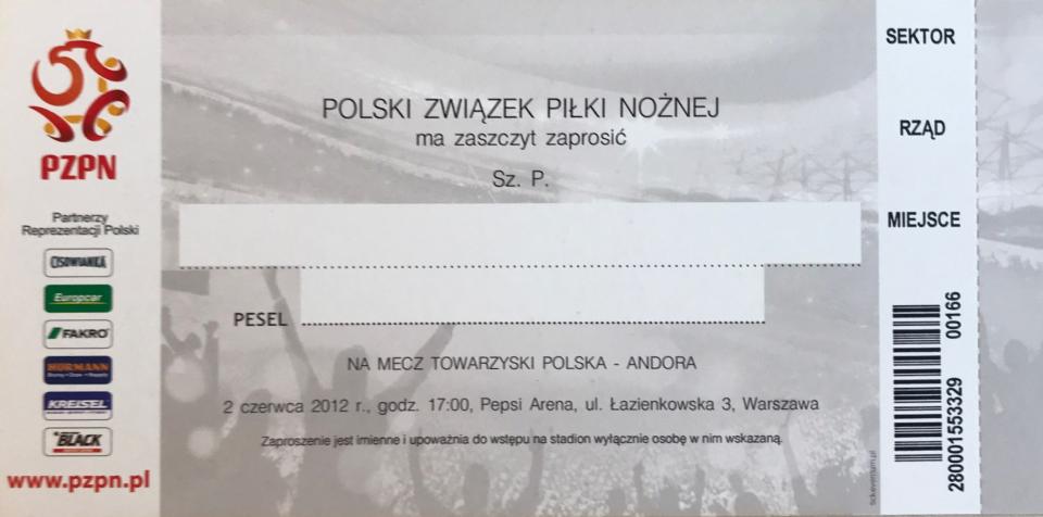 Zaproszenie na mecz Polska - Andora 4:0 (02.06.2012)