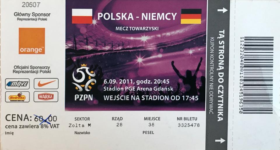 Bilet z meczu Polska – Niemcy 2:2 (06.09.2011)