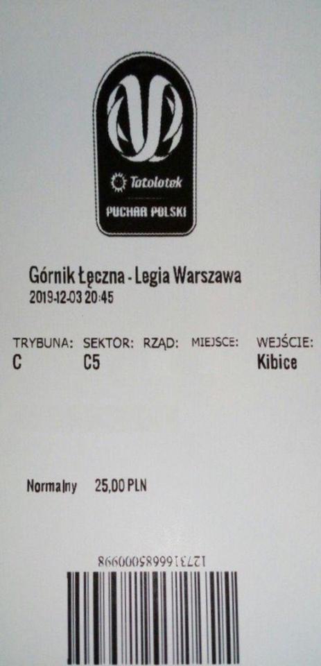 Bilet z meczu Górnik Łęczna - Legia Warszawa 0:2 (03.12.2019).