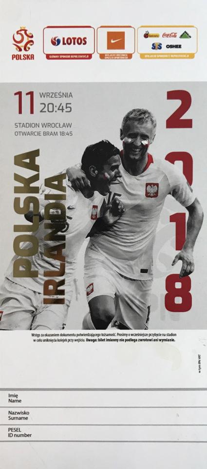 Bilet z meczu Polska - Irlandia 1:1 (11.09.2018)