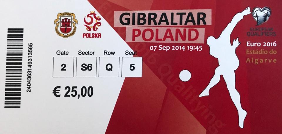 Bilet z meczu Gibraltar – Polska 0:7 (07.09.2014)